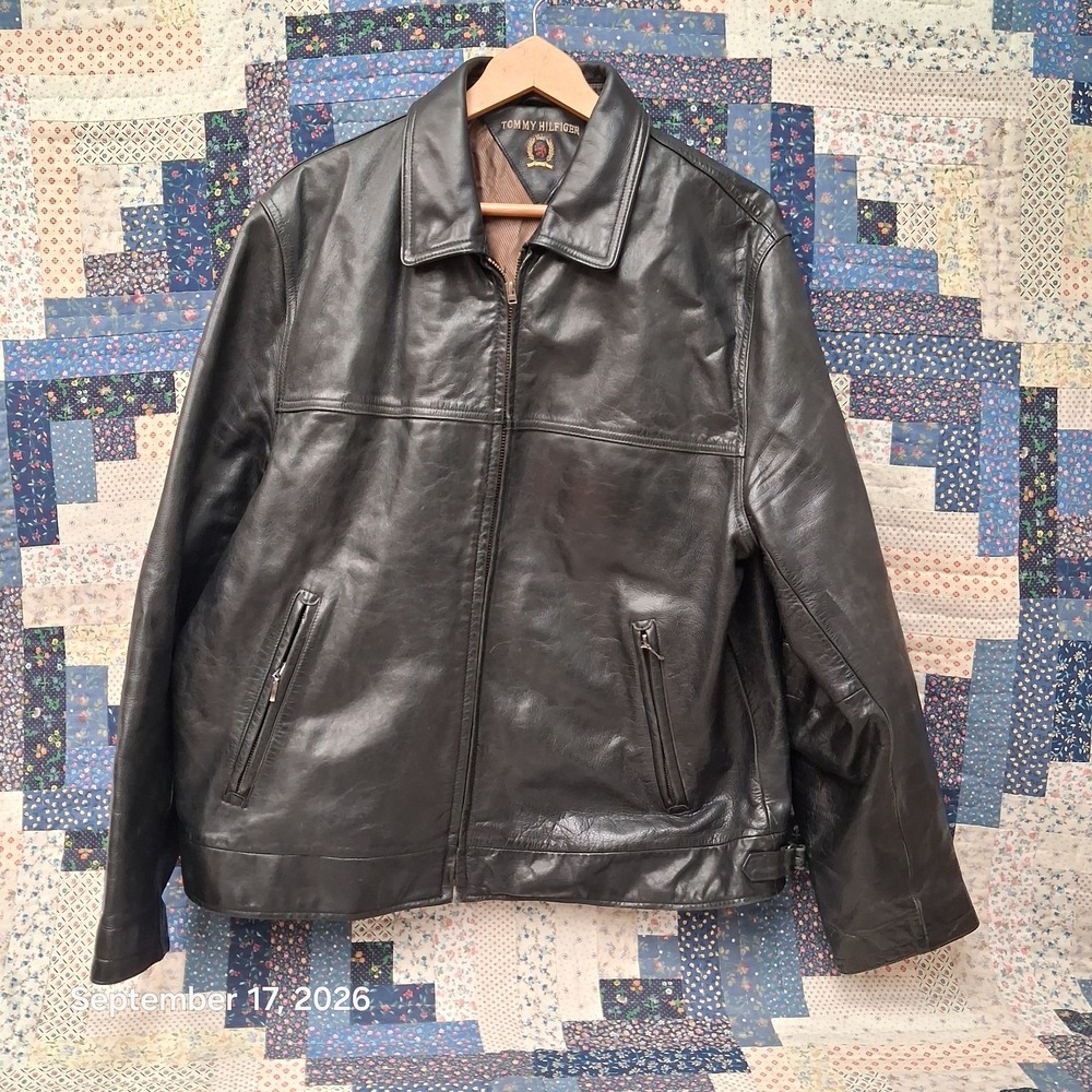 * 90s Vintage Tommy Hilfiger Leather Jacket Mens XXL Black Crest Bomber Full Zip